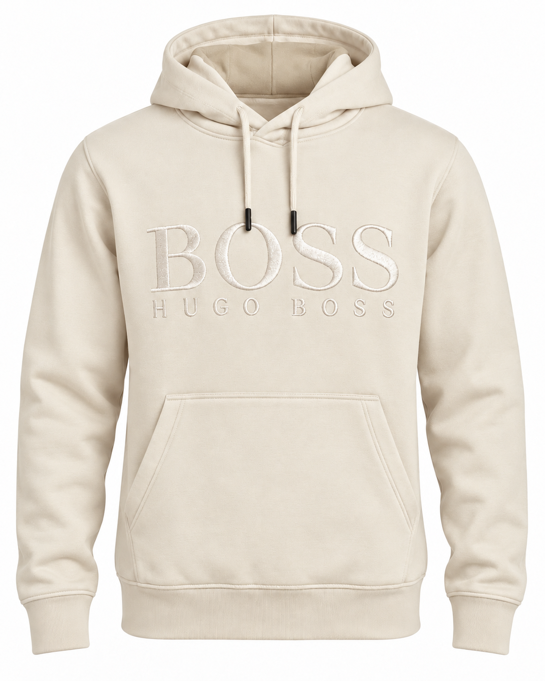 Sweat à capuche BOSS Écru — vue de face sur mannequin invisible
